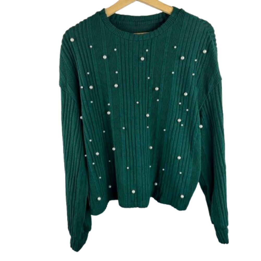 Cupshe Pullover Ribbed Pearl Embellished Emerald Green Crewneck Sweater XL NWT